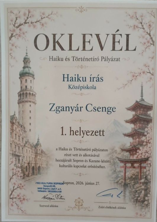 Zsganyár Csenge első helyen végzett a haiku író pályázaton